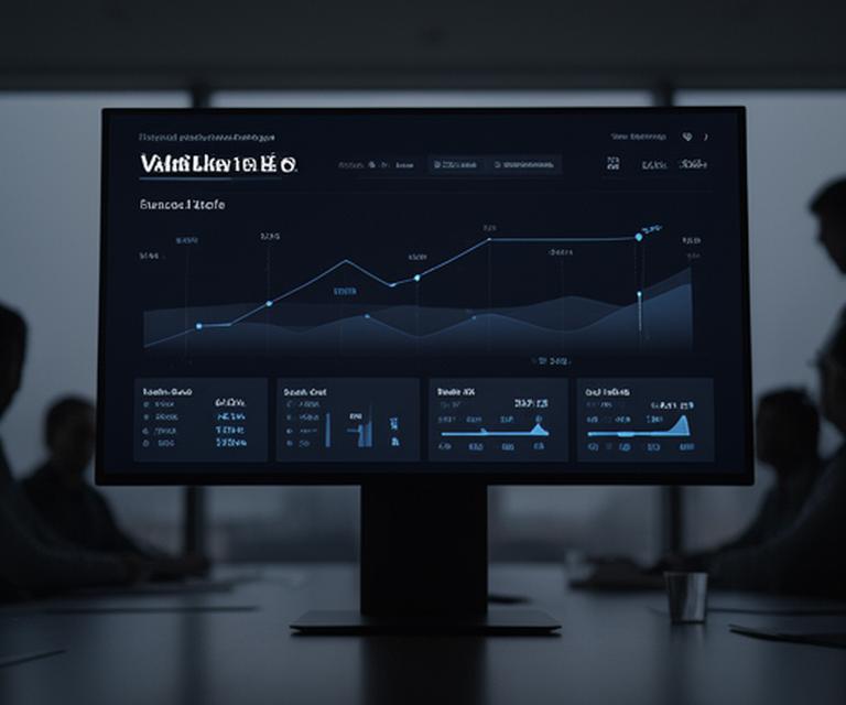 Dark financial dashboard on a monitor showing runway and cash out timing in a board meeting room